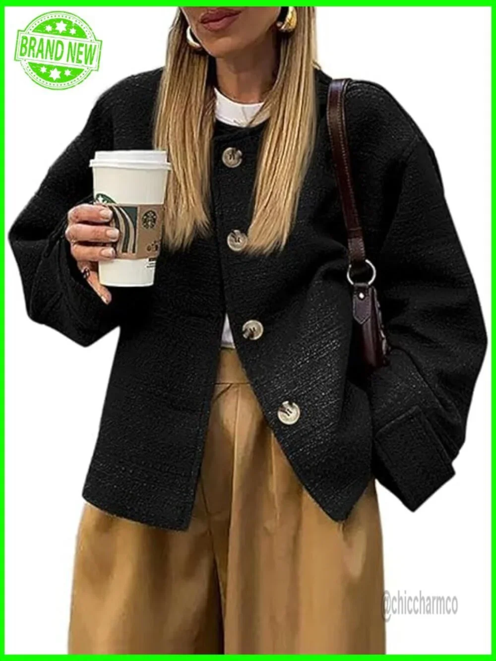 Women's Cropped Blazer Long Sleeve Button Down Casual Business Jacket with